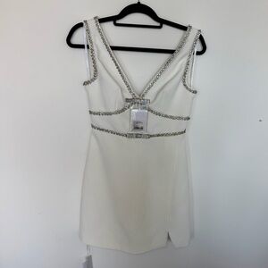NEW SELF-PORTRAIT Embellished Bonded Crepe Mini Dress, White Bridal Silver NWT